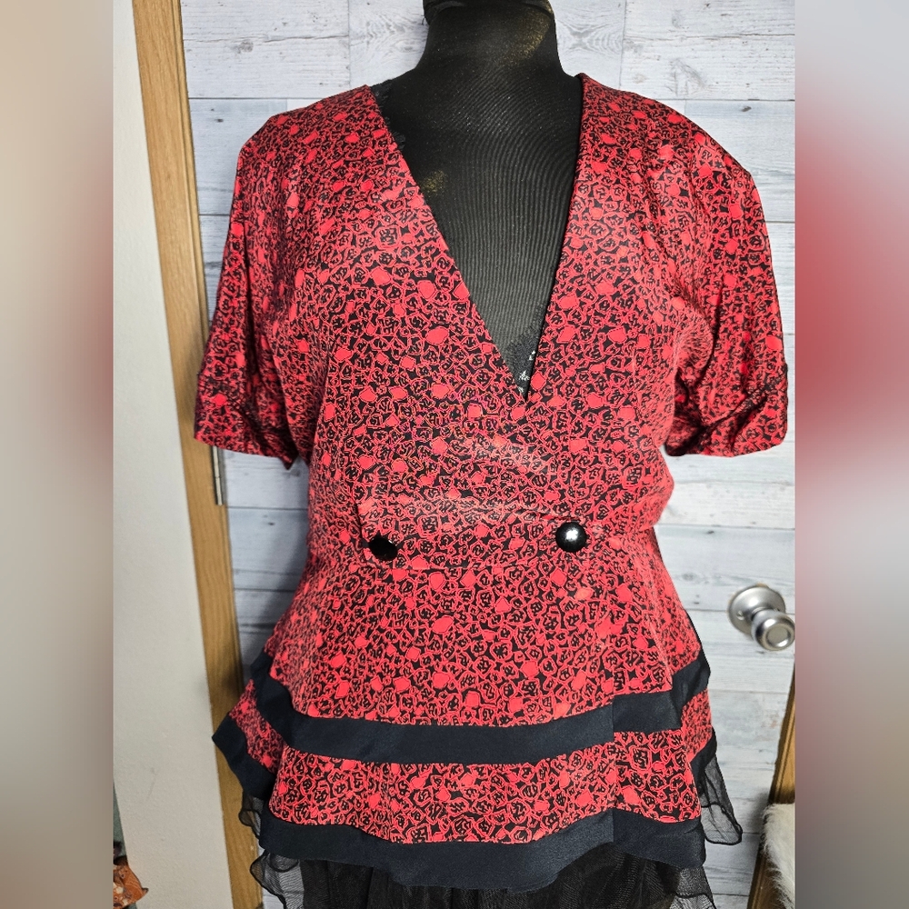 Vtg 80s Perceptions Red Black Patterned Peplum Blouse Top